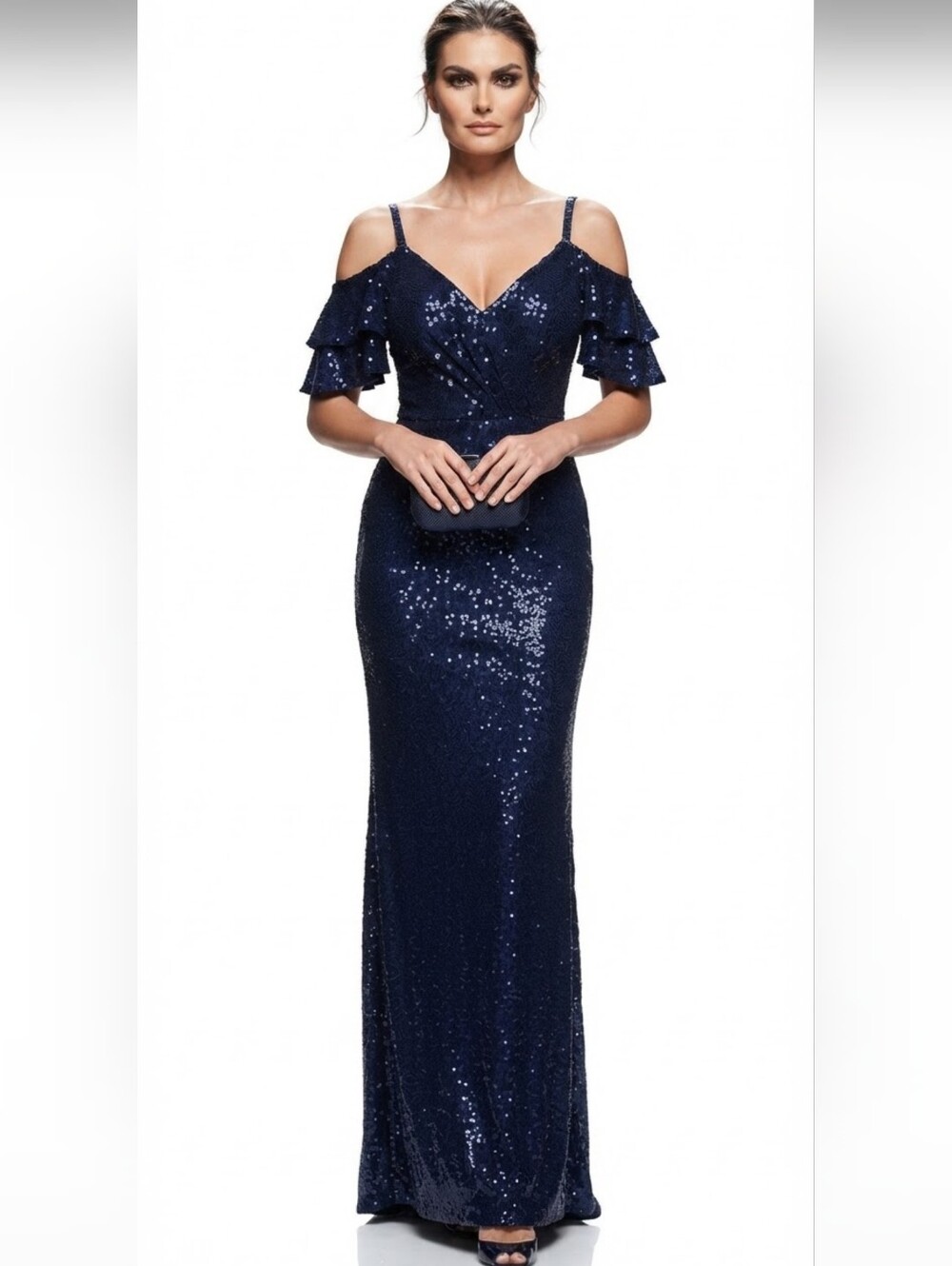 Blue, cami, Flutter Sleeve,  V Neck, Sequined Mermaid Gown